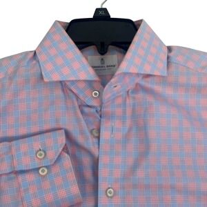 Emanuel Berg Shirt Mens 16 M Blue Pink Plaid Modern Fit Dress Long Sleeve